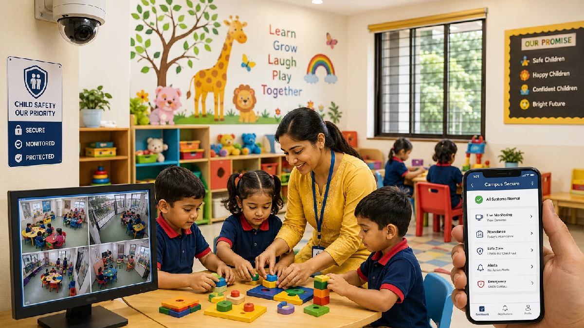 CCTV monitoring and digital safety systems in a preschool classroom