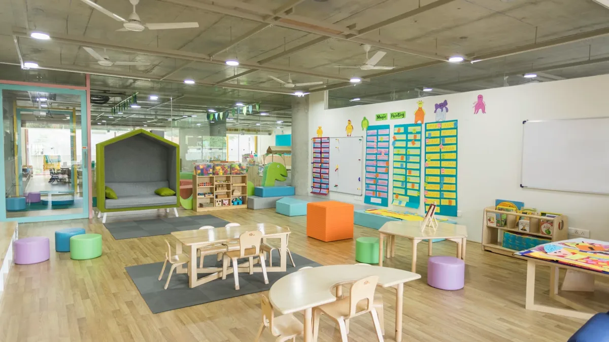 A bright, colourful preschool classroom with child-sized tables, play areas and a learning wall