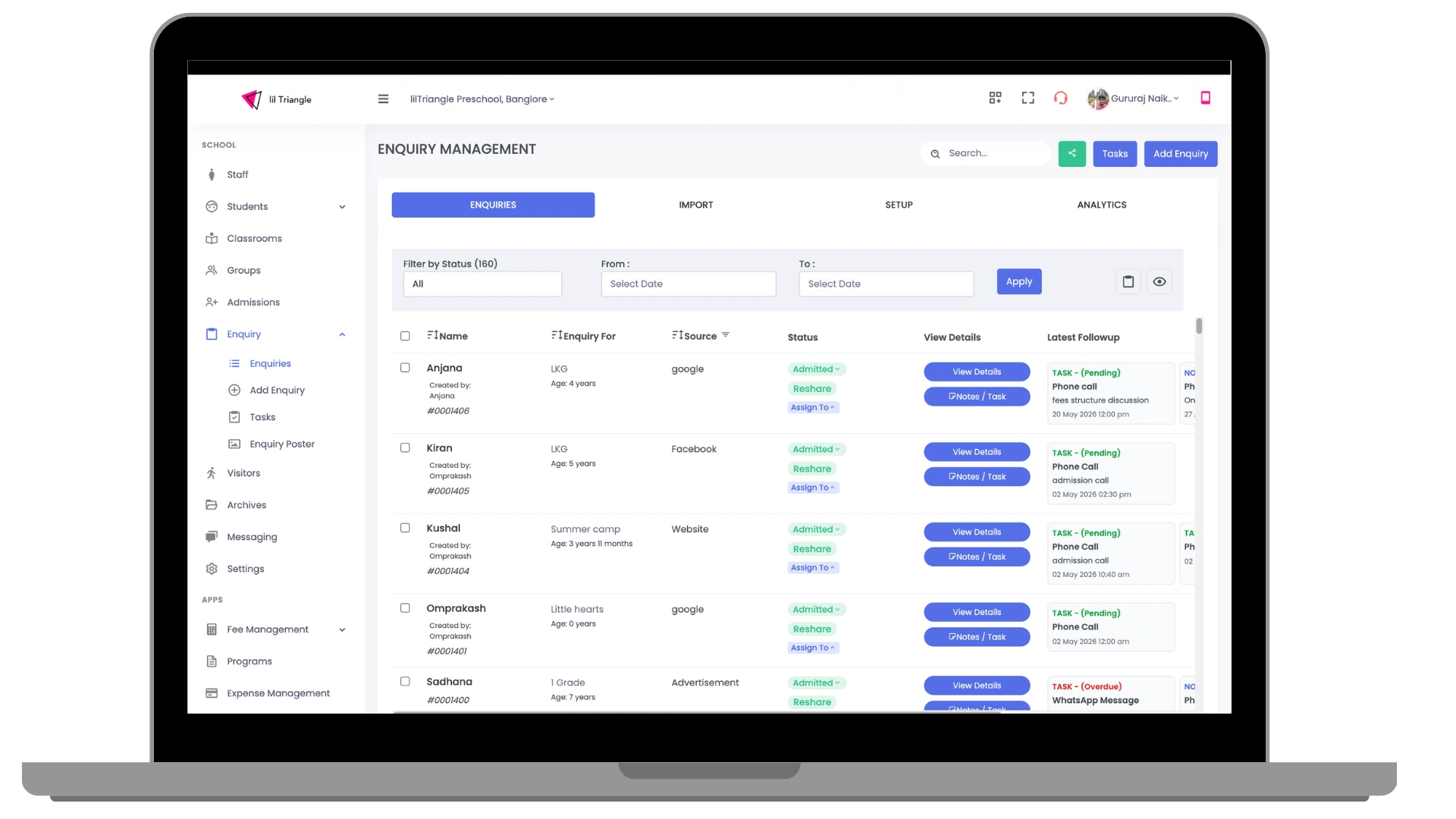 lilTriangle enquiry management dashboard